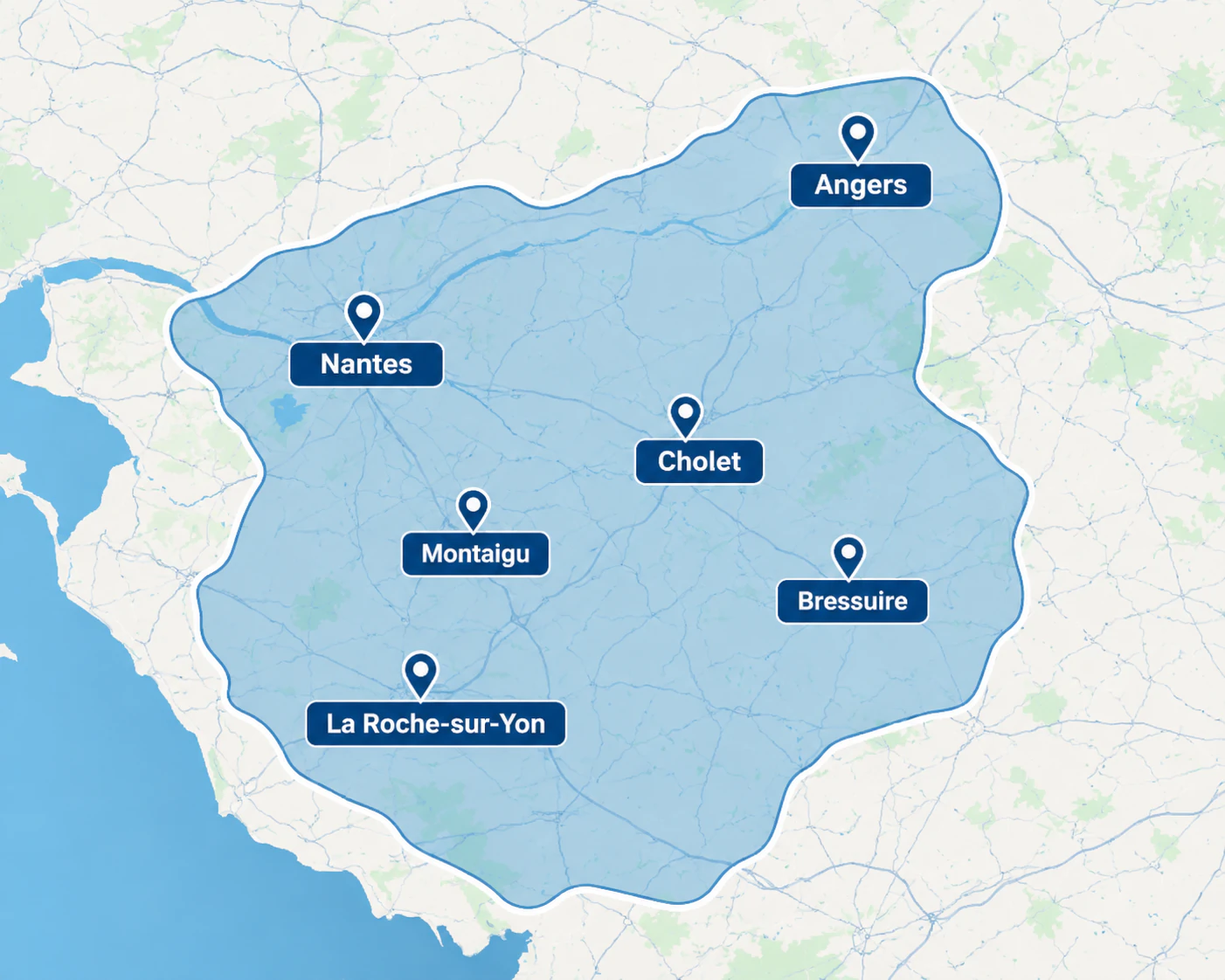 Zone d'intervention Atlantique Rénovation : Nantes, Cholet, Angers, Bressuire, La Roche-sur-Yon et Montaigu